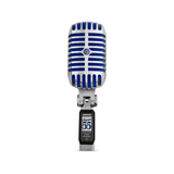 Blue and silver microphone with 'Super 55' label on a white background